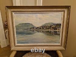 Ancienne Peinture Huile Sur Toile Encadrée Signée Bord De Lac