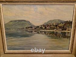 Ancienne Peinture Huile Sur Toile Encadrée Signée Bord De Lac