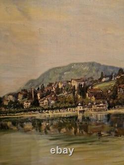 Ancienne Peinture Huile Sur Toile Encadrée Signée Bord De Lac