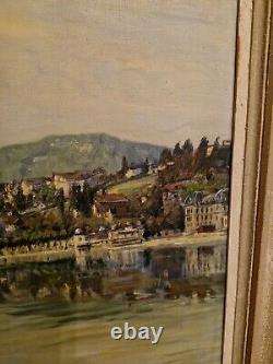 Ancienne Peinture Huile Sur Toile Encadrée Signée Bord De Lac