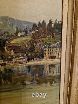 Ancienne Peinture Huile Sur Toile Encadrée Signée Bord De Lac