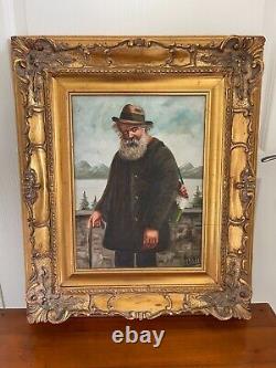 Ancienne Peinture Huile sur Toile Viel Homme Pêcheur Cadre doré Signé R LANZI