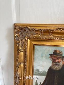 Ancienne Peinture Huile sur Toile Viel Homme Pêcheur Cadre doré Signé R LANZI
