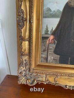 Ancienne Peinture Huile sur Toile Viel Homme Pêcheur Cadre doré Signé R LANZI