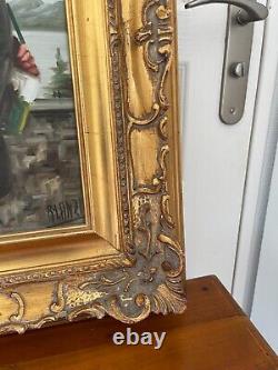 Ancienne Peinture Huile sur Toile Viel Homme Pêcheur Cadre doré Signé R LANZI