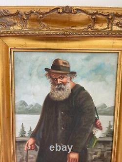 Ancienne Peinture Huile sur Toile Viel Homme Pêcheur Cadre doré Signé R LANZI