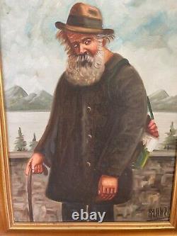 Ancienne Peinture Huile sur Toile Viel Homme Pêcheur Cadre doré Signé R LANZI