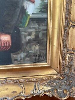 Ancienne Peinture Huile sur Toile Viel Homme Pêcheur Cadre doré Signé R LANZI