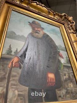 Ancienne Peinture Huile sur Toile Viel Homme Pêcheur Cadre doré Signé R LANZI