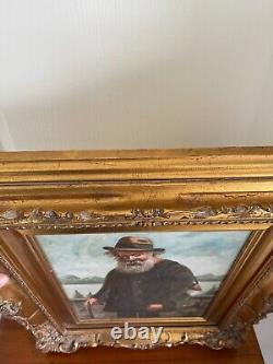 Ancienne Peinture Huile sur Toile Viel Homme Pêcheur Cadre doré Signé R LANZI