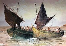 Ancienne Peinture Marine Grande Huile Sur Toile Signée A. Abougit Début XX Ème