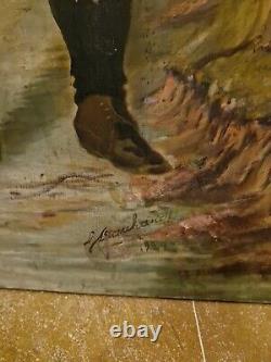 Ancienne Peinture Militaire Huile Sur Toile Grande Dimension Signée