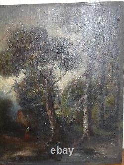 Ancienne Peinture huile sur panneau Tableau scène pastorale XIXe à nettoyer