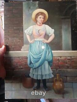 Ancienne Peinture huile sur panneau portrait de femme