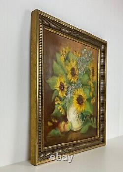 Ancienne XXème magnifique huile sur toile bouquet floral tournesol signé H. Bauer
