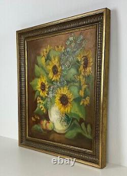 Ancienne XXème magnifique huile sur toile bouquet floral tournesol signé H. Bauer