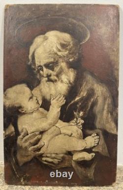 Ancienne huile sur carton fort début XIXe vue d'un Saint avec l'enfant Jésus