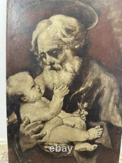 Ancienne huile sur carton fort début XIXe vue d'un Saint avec l'enfant Jésus