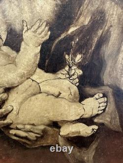 Ancienne huile sur carton fort début XIXe vue d'un Saint avec l'enfant Jésus