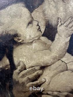 Ancienne huile sur carton fort début XIXe vue d'un Saint avec l'enfant Jésus