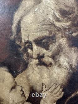 Ancienne huile sur carton fort début XIXe vue d'un Saint avec l'enfant Jésus
