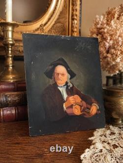 Ancienne huile sur panneau bois portrait violoniste école hollandaise XIXe Old O