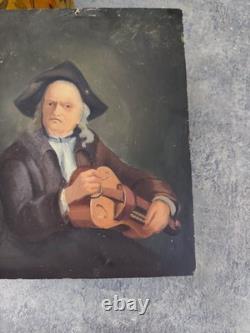 Ancienne huile sur panneau bois portrait violoniste école hollandaise XIXe Old O