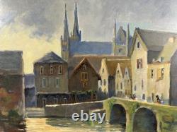 Ancienne huile sur panneau début XXe vue de la ville de Chartres Eure-et-Loir