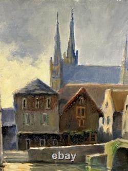 Ancienne huile sur panneau début XXe vue de la ville de Chartres Eure-et-Loir