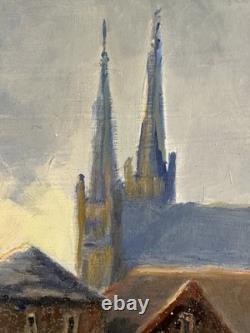 Ancienne huile sur panneau début XXe vue de la ville de Chartres Eure-et-Loir