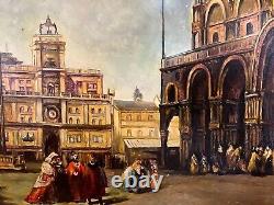 Ancienne huile sur panneau représentant la place Saint-Marc à Venise, cadre doré