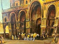 Ancienne huile sur panneau représentant la place Saint-Marc à Venise, cadre doré