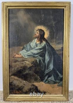 Ancienne huile sur panneau signée Ecole Française XIXe le Christ en prière