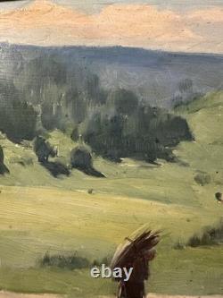 Ancienne huile sur panneau signée Maxime paysage situé dans une forêt au dos
