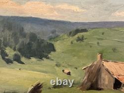 Ancienne huile sur panneau signée Maxime paysage situé dans une forêt au dos