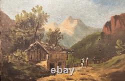 Ancienne huile sur panneau signée Paysage des pyrénées ou des Alpes