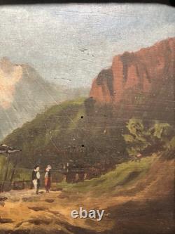 Ancienne huile sur panneau signée Paysage des pyrénées ou des Alpes