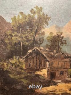 Ancienne huile sur panneau signée Paysage des pyrénées ou des Alpes