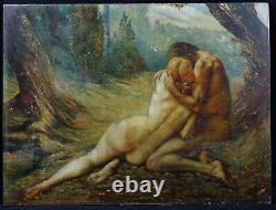 Ancienne huile sur panneau signée V. Simon homme et une femme nus et enlacés