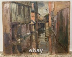 Ancienne huile sur panneau signée et titrée le vieil Annecy étiquette au dos