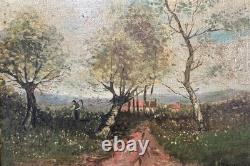 Ancienne huile sur panneau signée paysage ensoleillé Ecole Italienne présumée