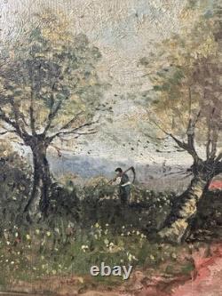 Ancienne huile sur panneau signée paysage ensoleillé Ecole Italienne présumée