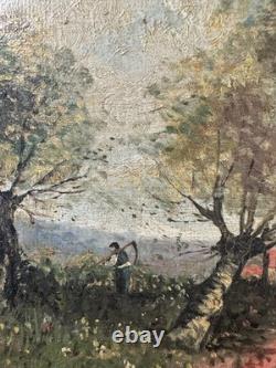 Ancienne huile sur panneau signée paysage ensoleillé Ecole Italienne présumée