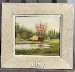 Ancienne huile sur panneau signée paysage lacustre vers 1940 Ecole Française