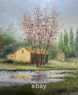 Ancienne huile sur panneau signée paysage lacustre vers 1940 Ecole Française