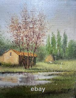 Ancienne huile sur panneau signée paysage lacustre vers 1940 Ecole Française
