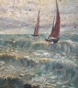 Ancienne huile sur panneau vue de voiliers en mer agitée pointillisme