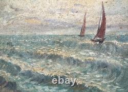 Ancienne huile sur panneau vue de voiliers en mer agitée pointillisme
