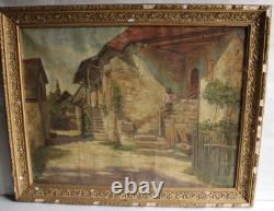 Ancienne huile sur papier, village, ferme, paysan, époque 19ème