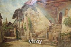 Ancienne huile sur papier, village, ferme, paysan, époque 19ème